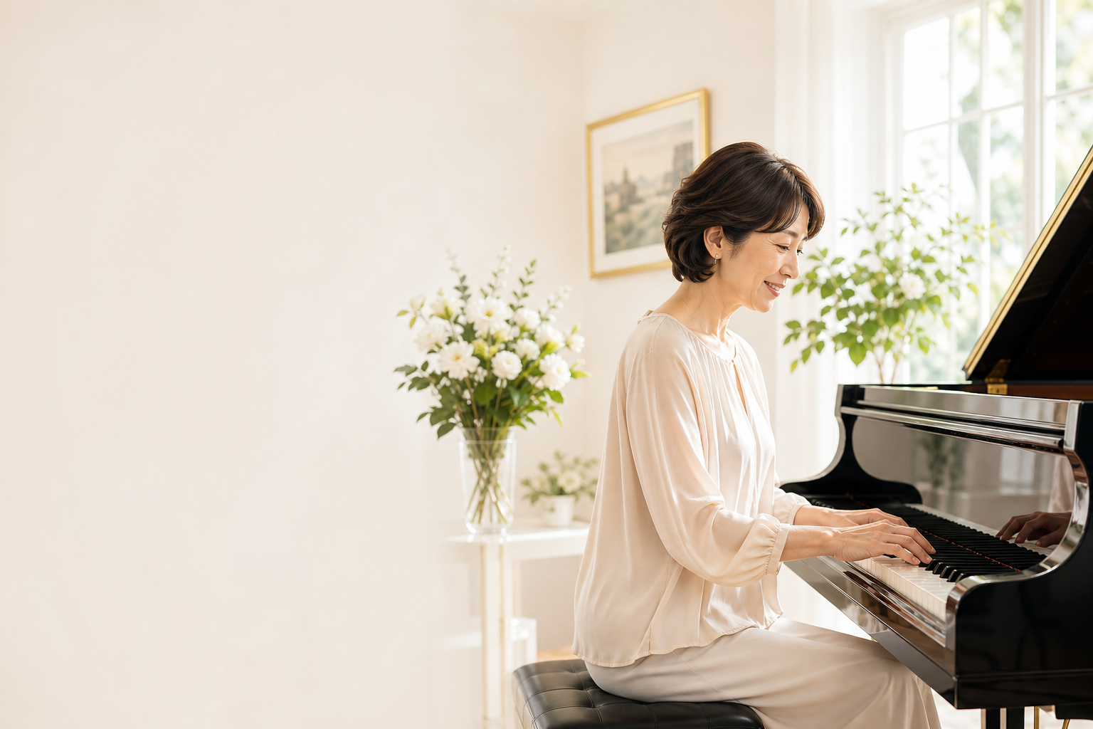 明るい教室で大人の女性がグランドピアノを弾いている様子