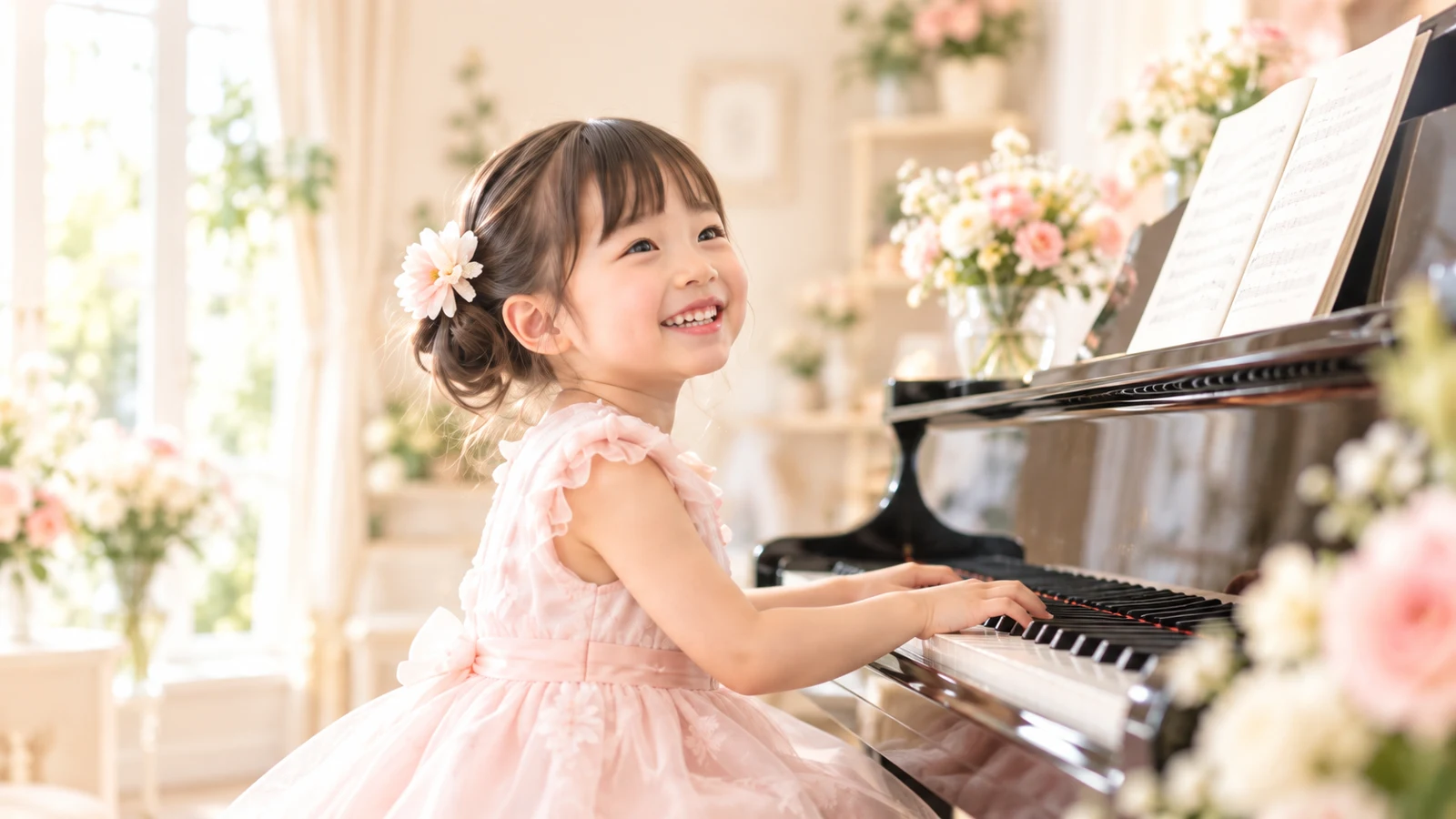 花に囲まれて笑顔でピアノを弾く女の子のイメージ