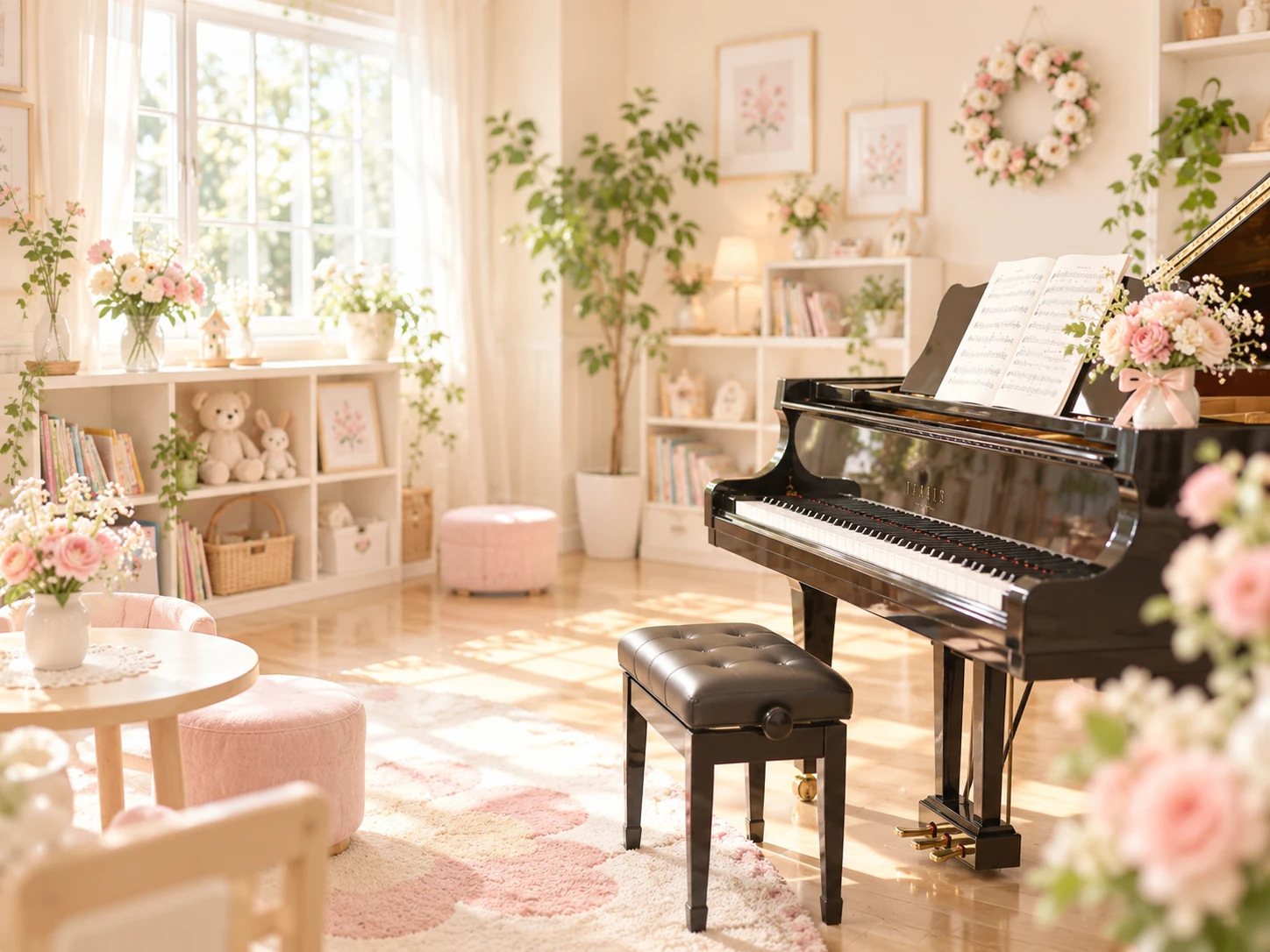 花や植物とグランドピアノのある明るい教室のイメージ