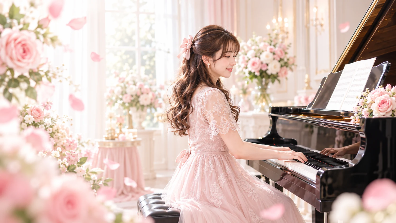 花に囲まれたグランドピアノを弾く女性のイメージ