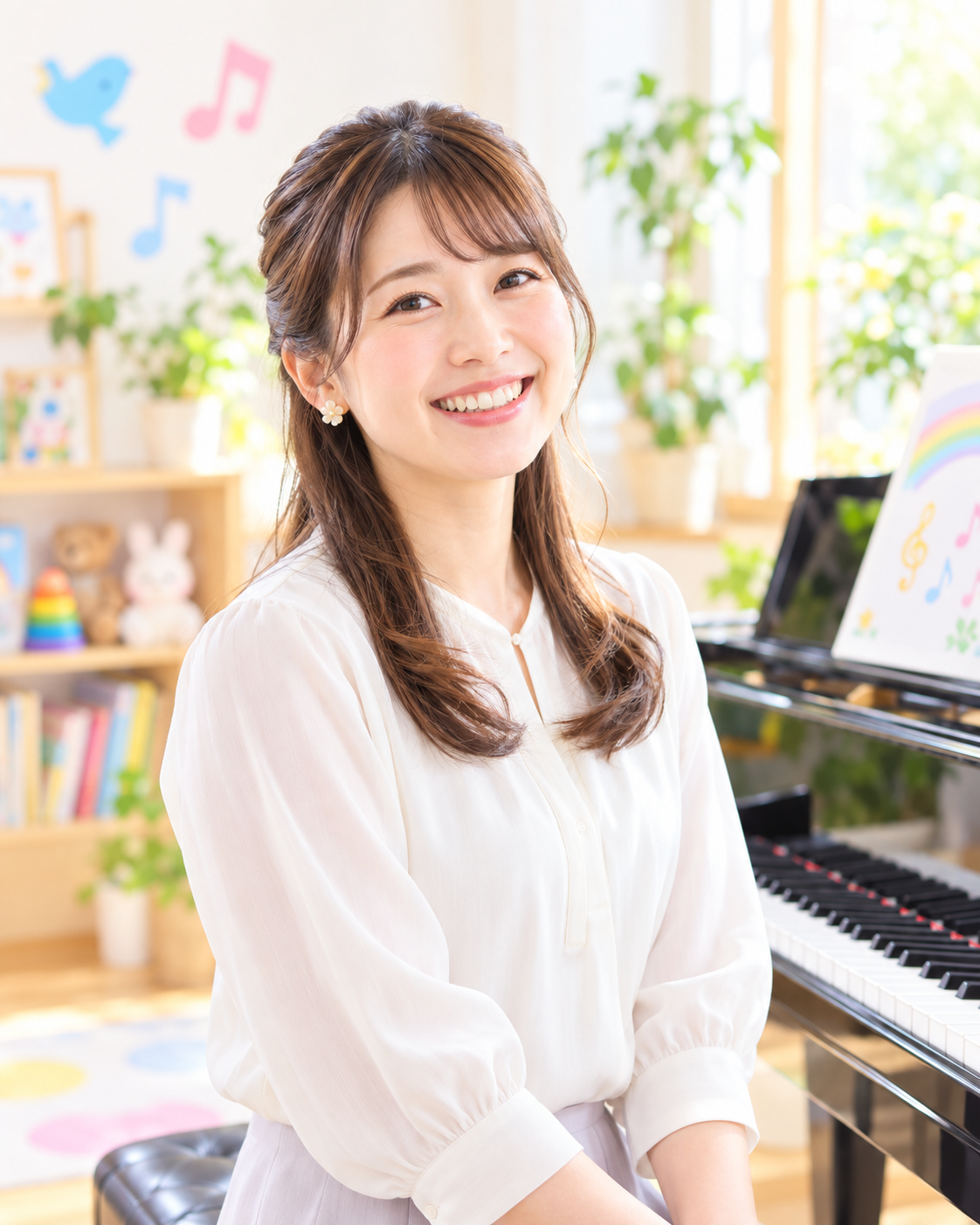 ピアノのある空間に座る女性のイメージ(講師本人の写真ではありません)