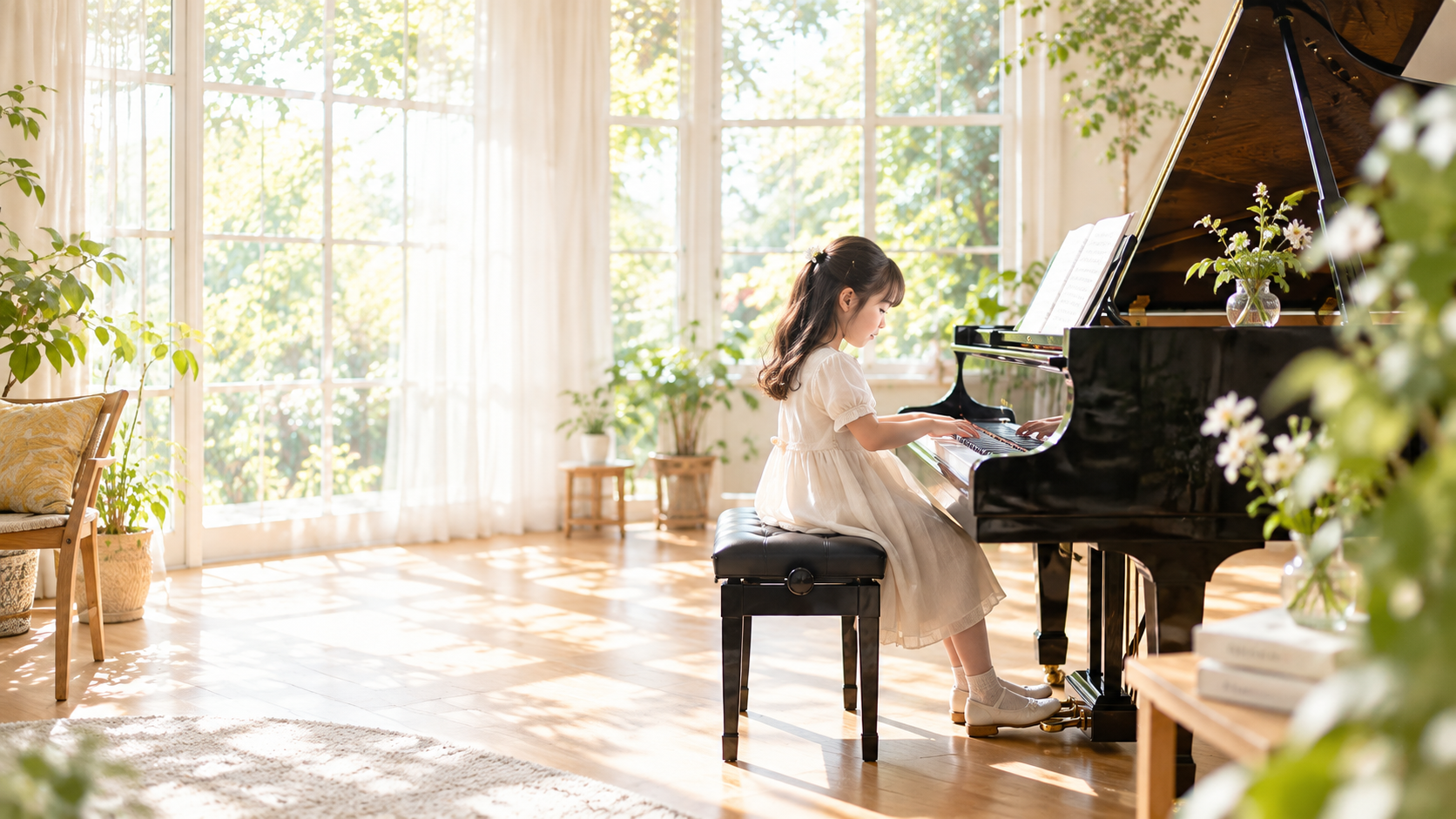 木漏れ日の入る明るい部屋で子どもがグランドピアノを弾くイメージ