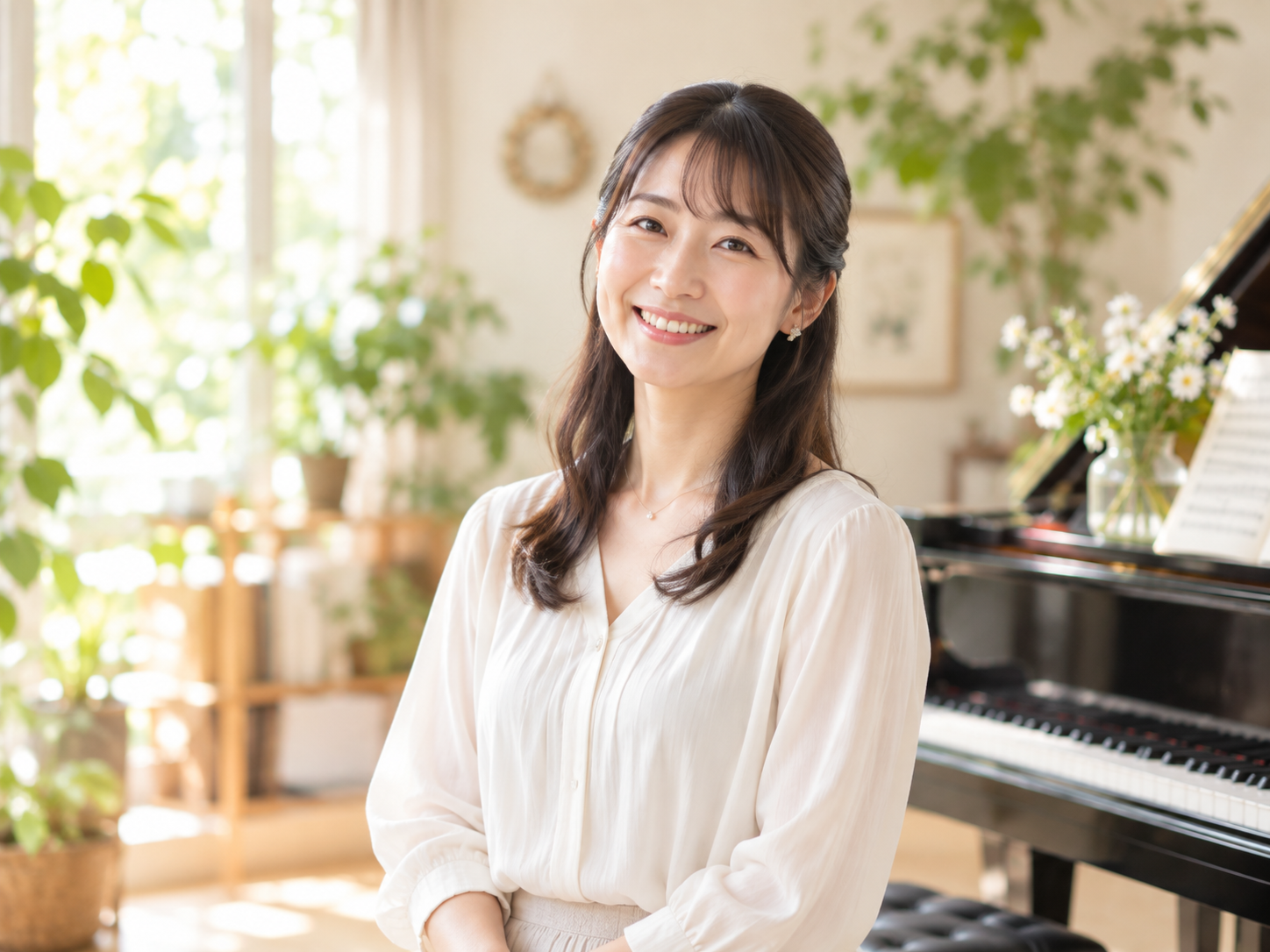 ピアノのある明るい部屋にいる女性講師の制作イメージ