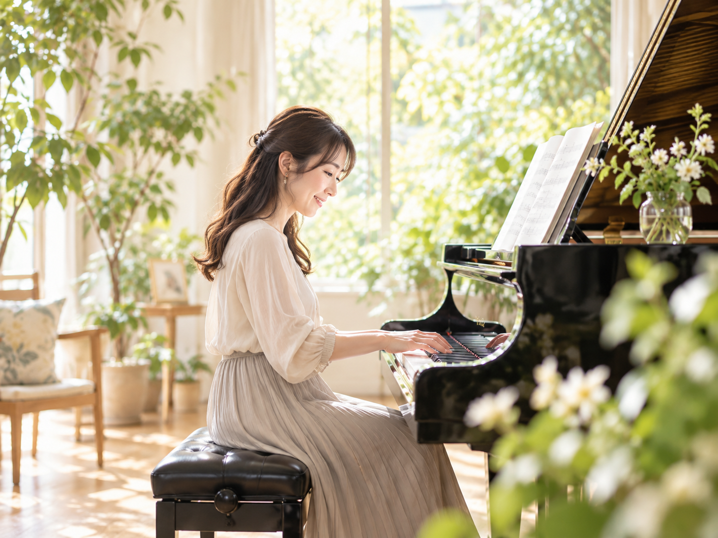自然光の入る部屋でピアノを弾く大人の女性のイメージ